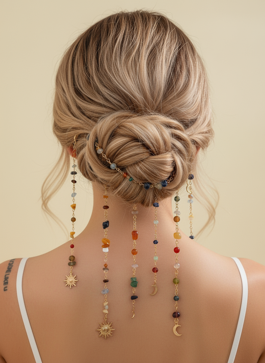 Boho Gemstone Hair Chain with Sun Moon Charms - Festival Hair Jewelry for Braids
