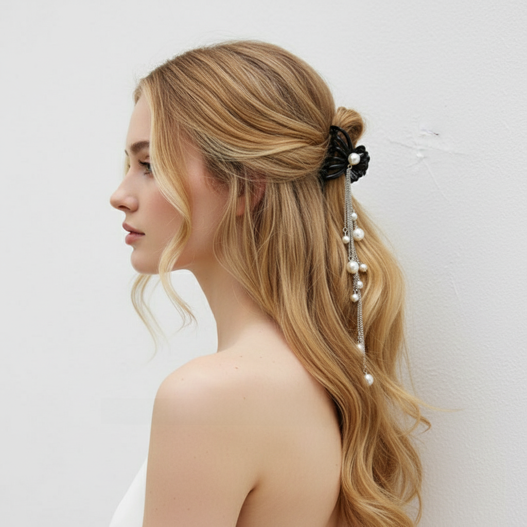 Black Butterfly Pearl Tassel Hair Clip