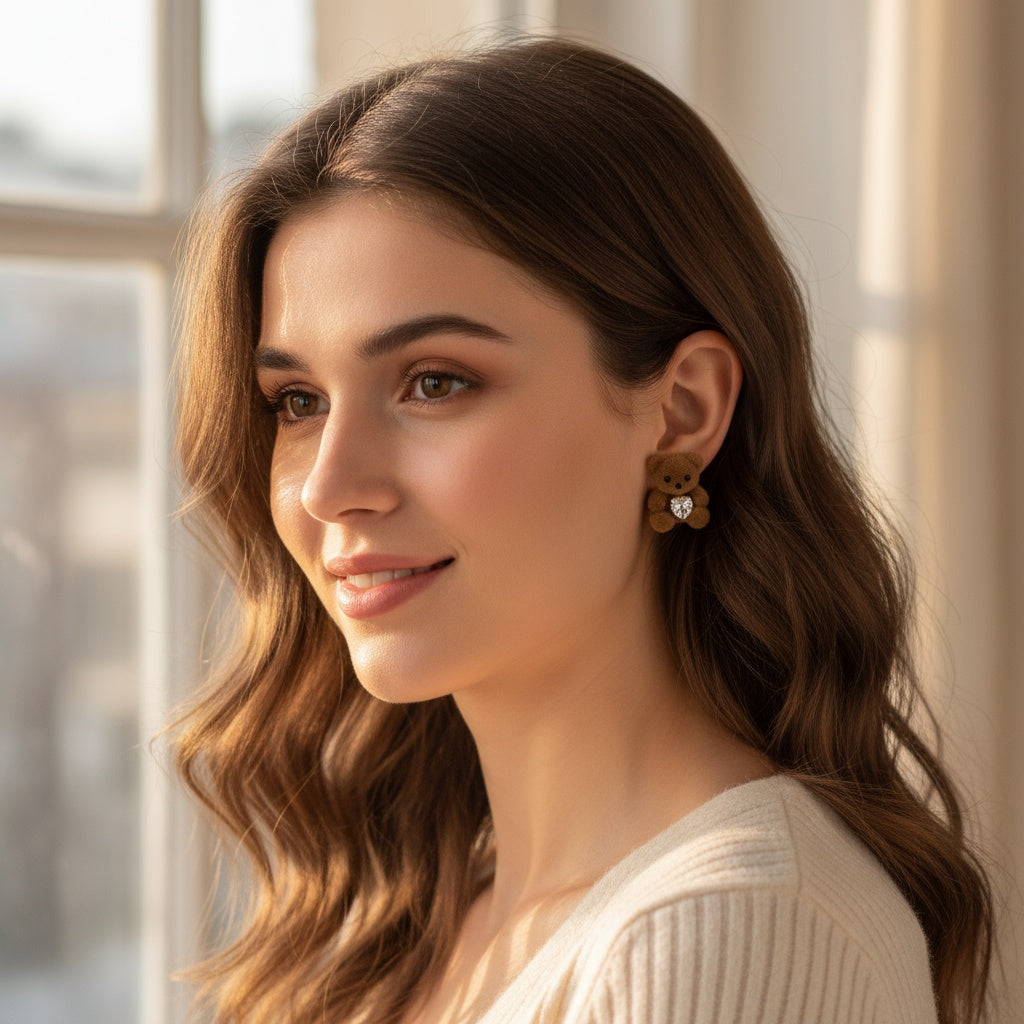 Cute Teddy Bear Stud Earrings Women Flocked Brown Bear Hugging Heart Zirconia Kawaii Gift