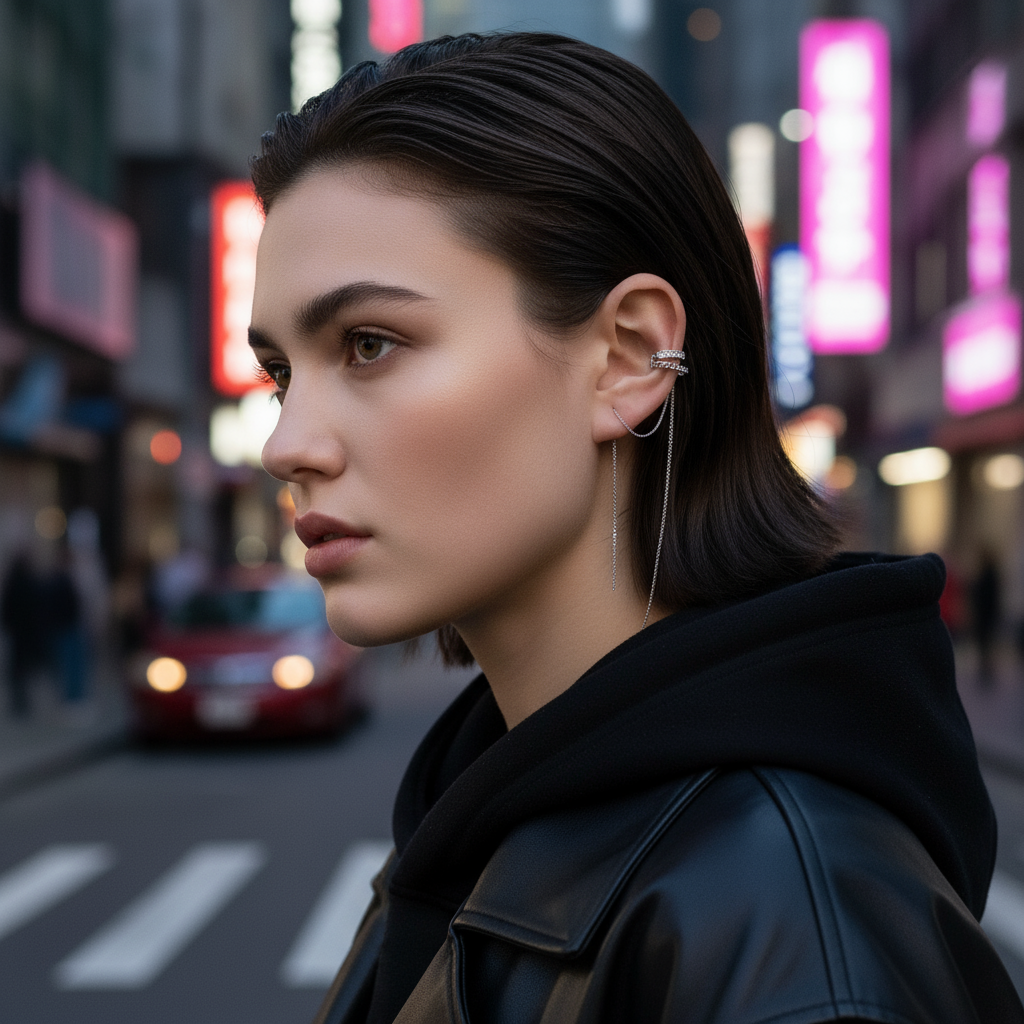 Silver Plated Crystal Chain Ear Cuff - Double Layer No Piercing Earring