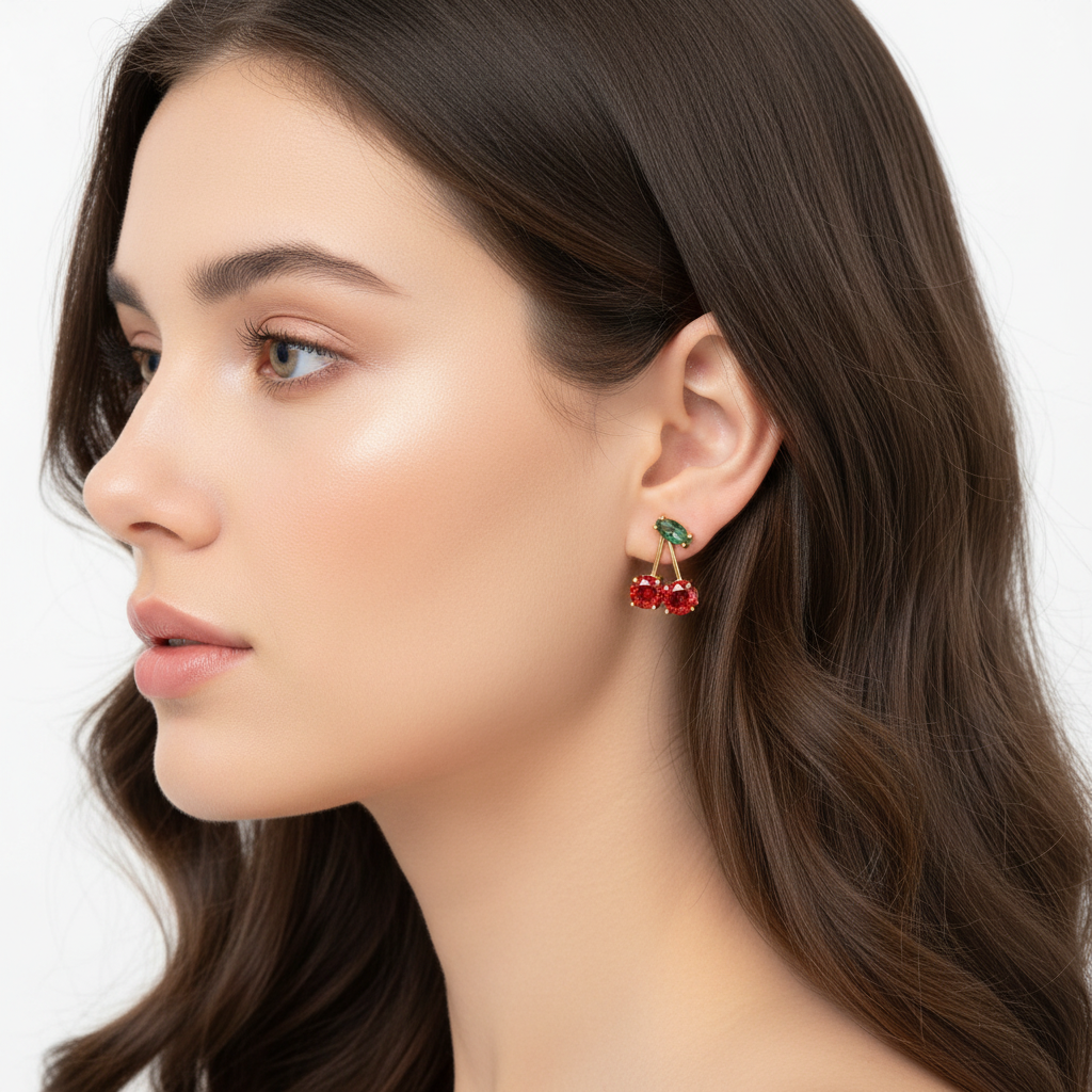 Cute Cherry Earrings | Kawaii Red Crystal Drop Earrings Gift