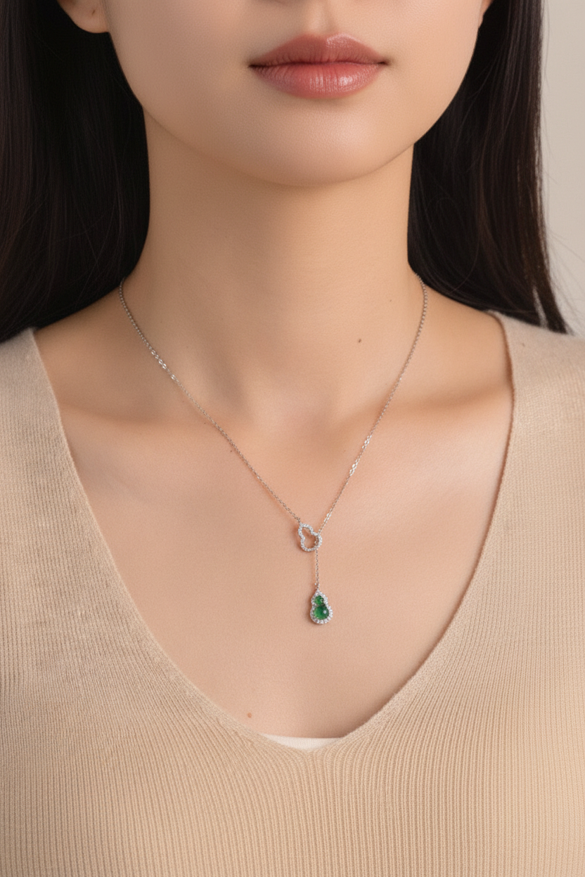 925 Sterling Silver Green Chalcedony Y Necklace - Lariat Necklace with Heart Charm