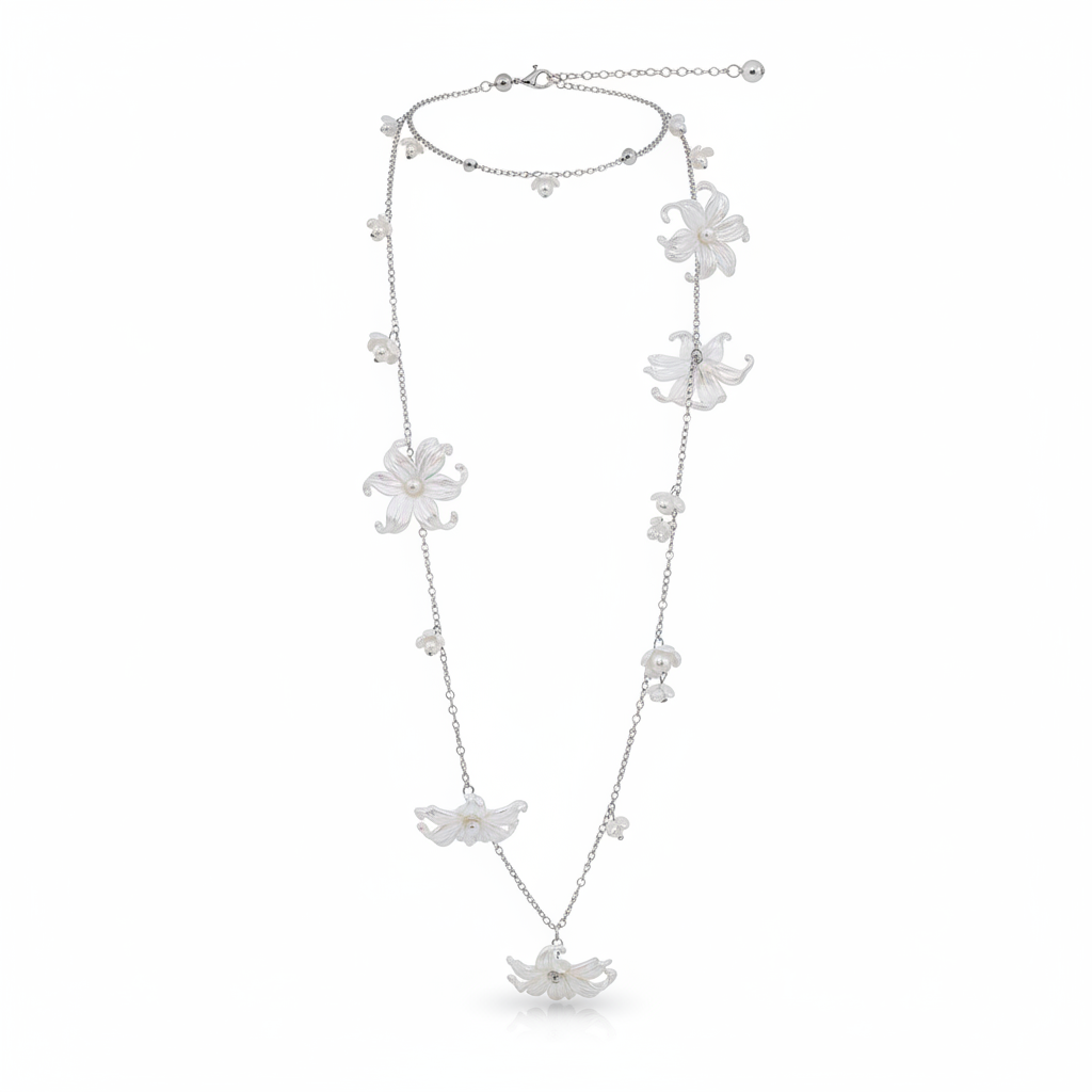 Silver Plated Flower Pearl Necklace Waist Chain Gift Box - Birthday Gift for Girlfriend Best Friend