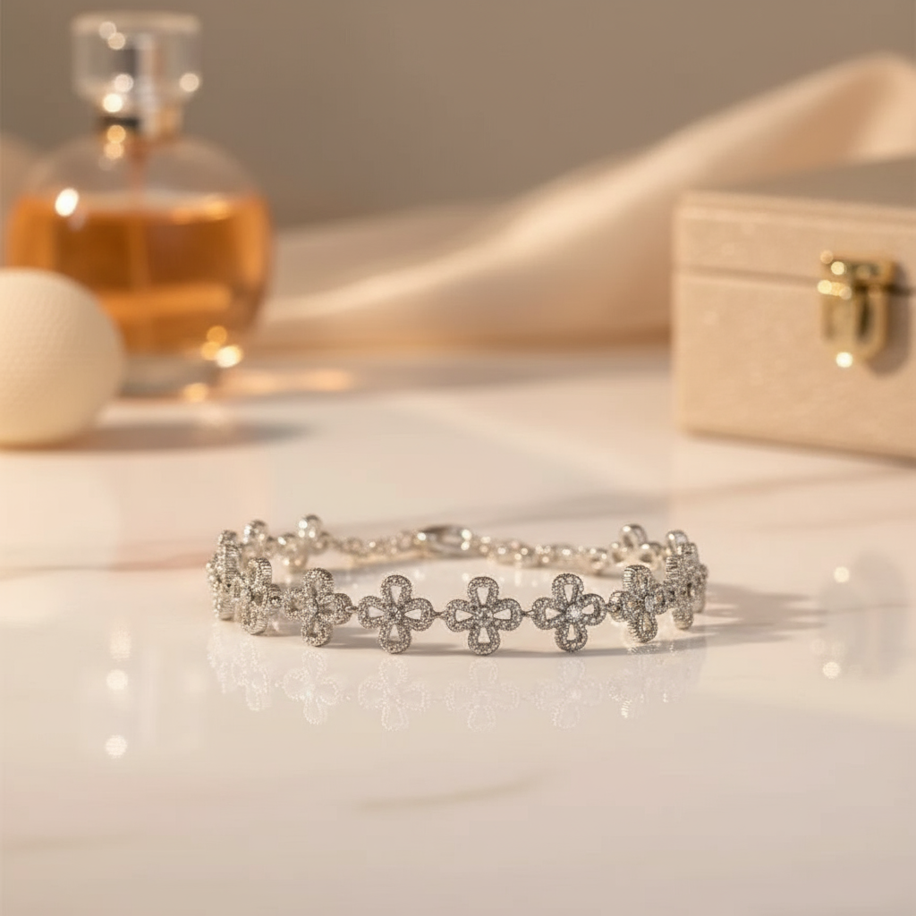 Elegant Crystal Flower Bracelet - Silver Plated
