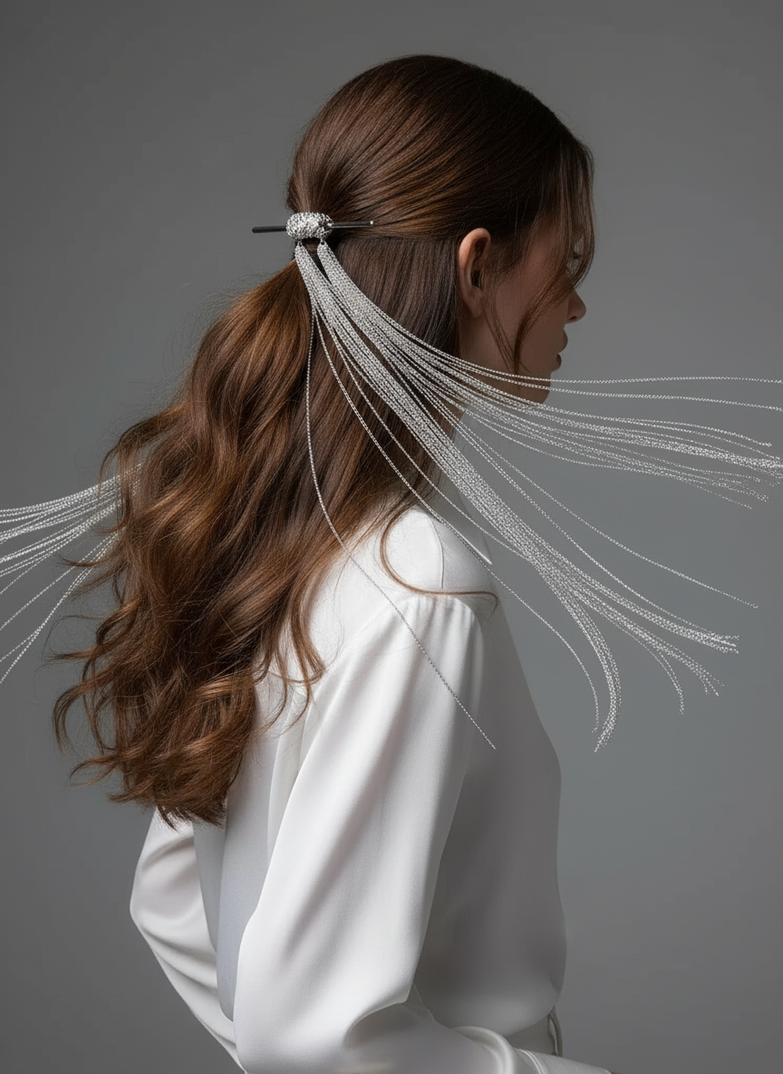 Silver Chain Tassel Hair Stick with Crystal