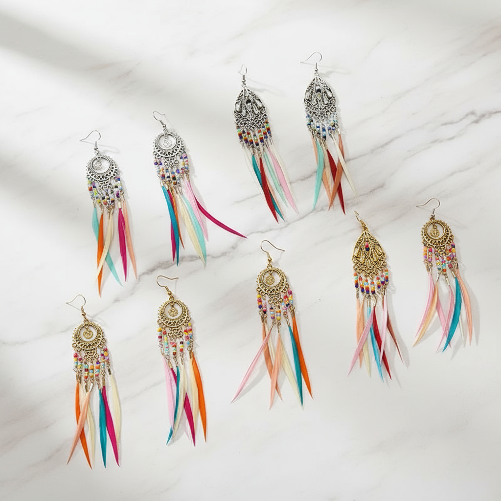 Bohemian Feather Earrings Colorful Beaded Tassel Dangle Ethnic Festival Jewelry Women
