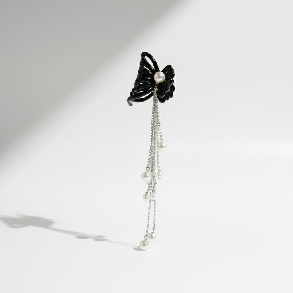 Black Butterfly Pearl Tassel Hair Clip