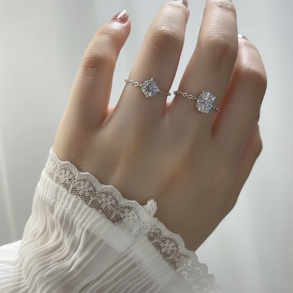 💎 Adjustable Moissanite Chain Ring | Round/Oval Cut Ring