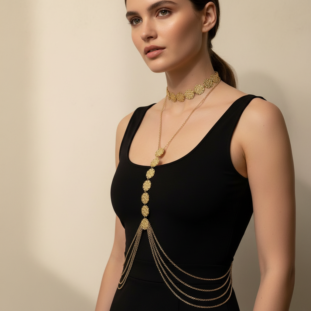 Sexy Gold Body Chain Necklace for Women, Floral Medallion Layered Chest Chain, Boho Statement Body Jewelry for Parties, Festivals & Beach Wear