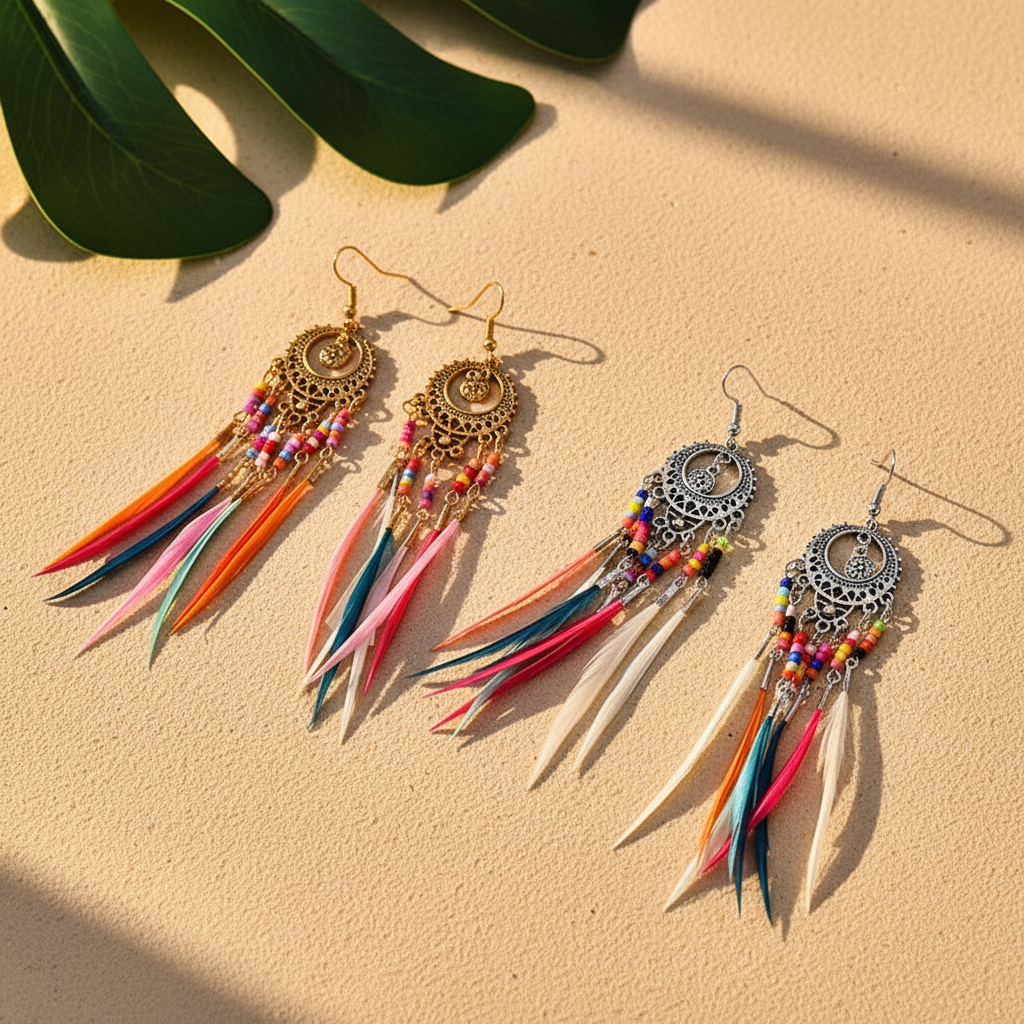 Bohemian Feather Earrings Colorful Beaded Tassel Dangle Ethnic Festival Jewelry Women