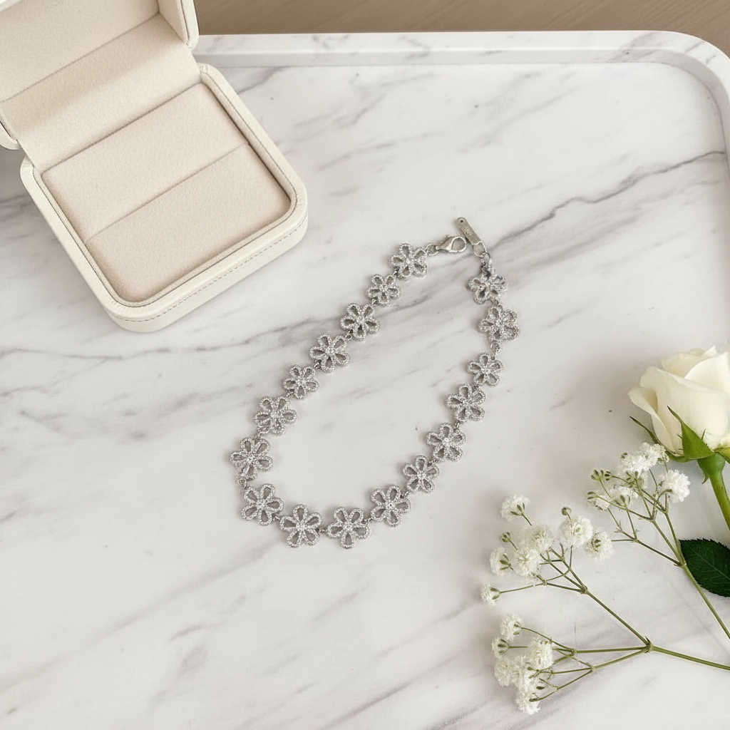 Elegant Crystal Flower Bracelet - Silver Plated