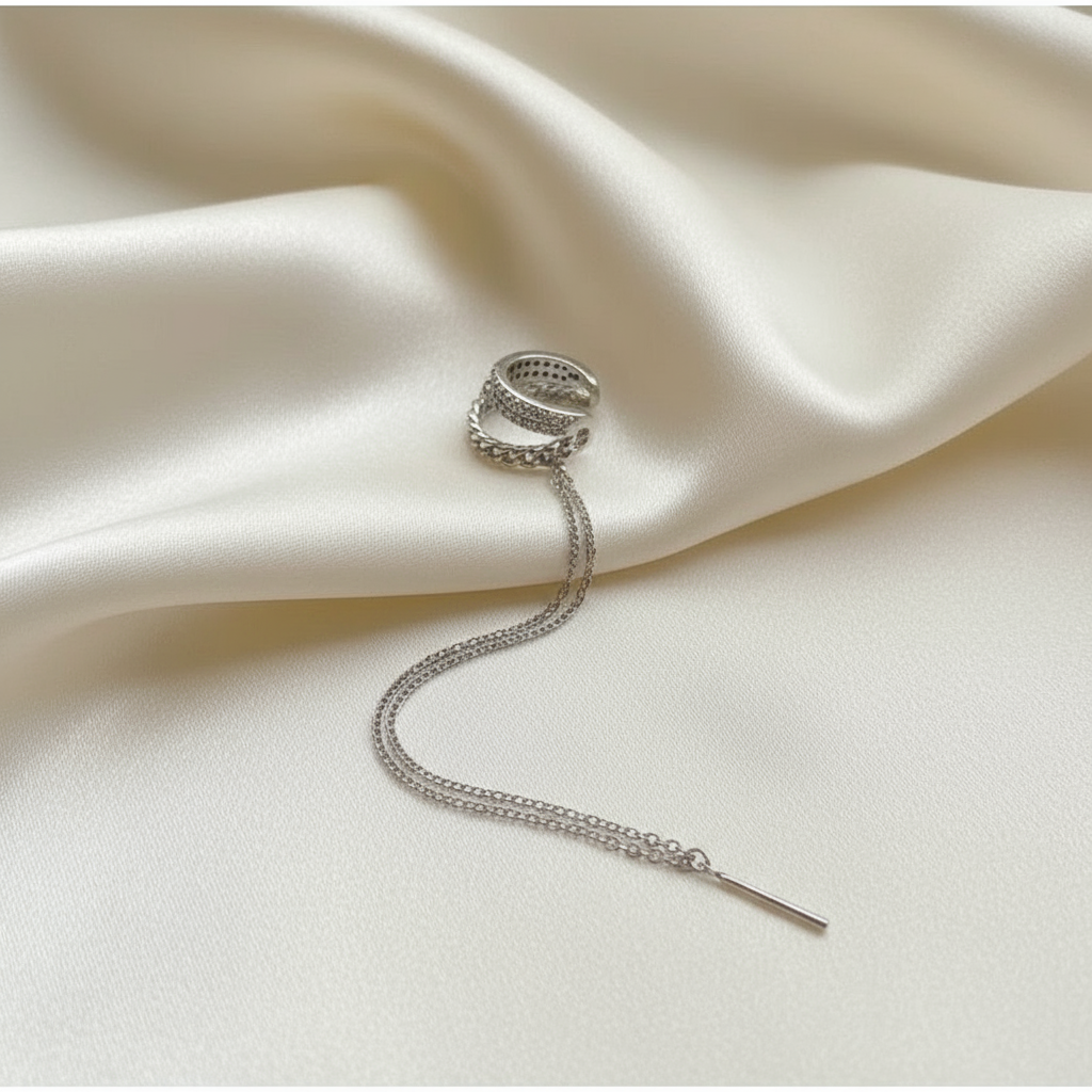 Silver Plated Crystal Chain Ear Cuff - Double Layer No Piercing Earring