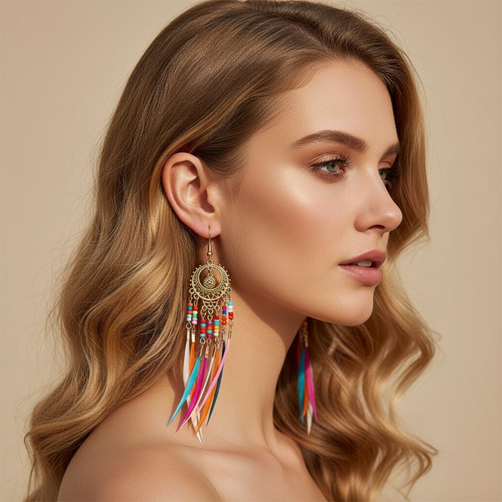 Bohemian Feather Earrings Colorful Beaded Tassel Dangle Ethnic Festival Jewelry Women