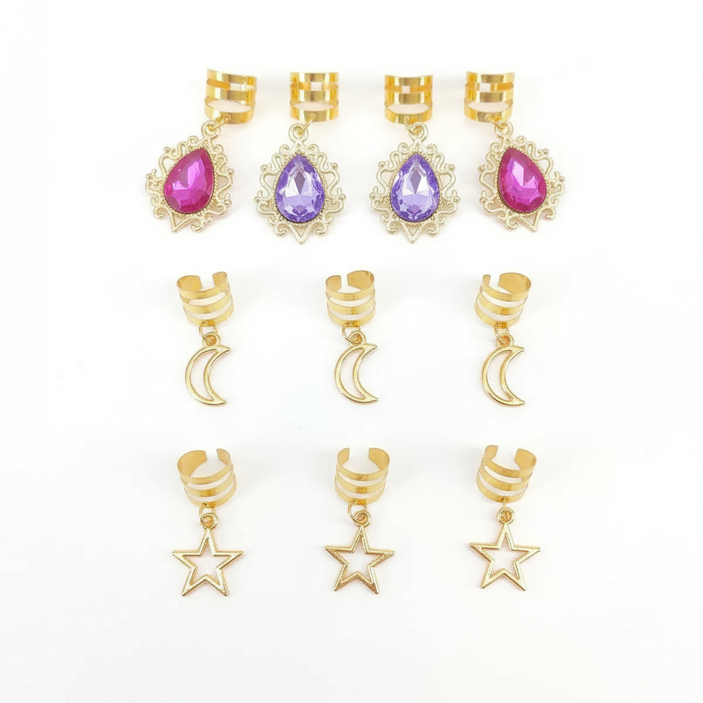 Gold Hair Braid Charms Set - Star Moon Gemstone Pendants