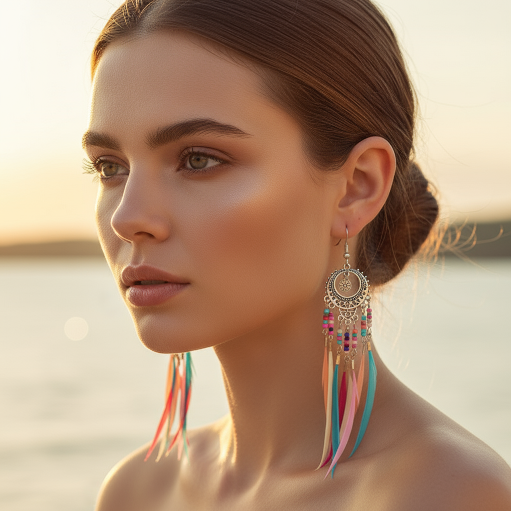 Bohemian Feather Earrings Colorful Beaded Tassel Dangle Ethnic Festival Jewelry Women