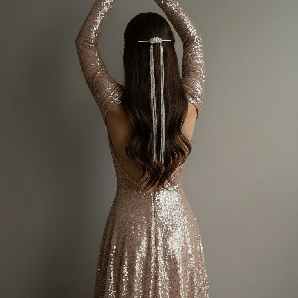 Silver Chain Tassel Hair Stick with Crystal