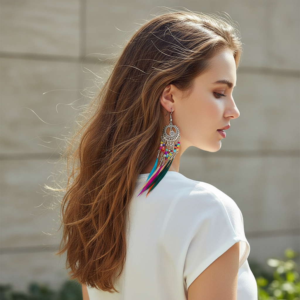 Bohemian Feather Earrings Colorful Beaded Tassel Dangle Ethnic Festival Jewelry Women