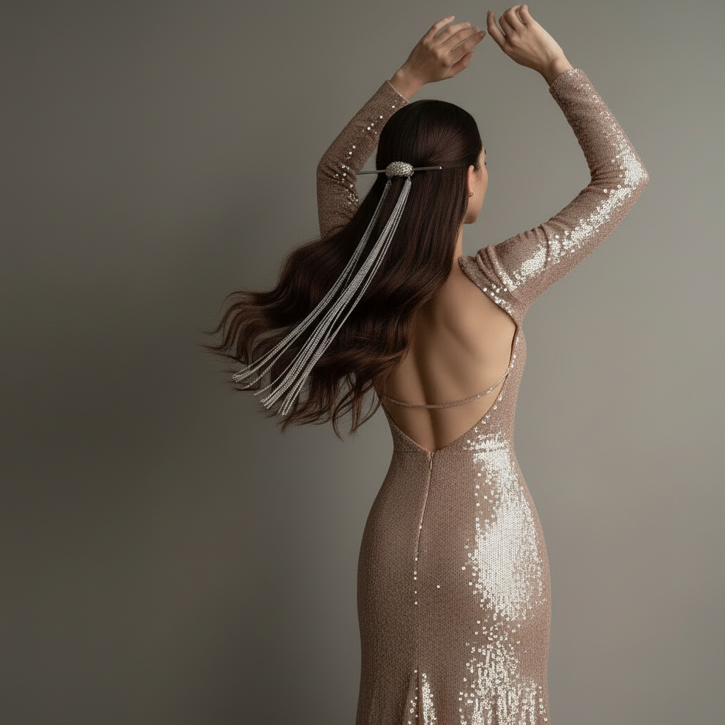 Silver Chain Tassel Hair Stick with Crystal