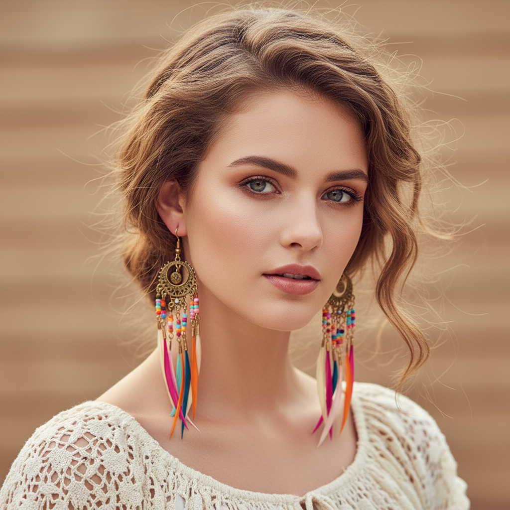 Bohemian Feather Earrings Colorful Beaded Tassel Dangle Ethnic Festival Jewelry Women