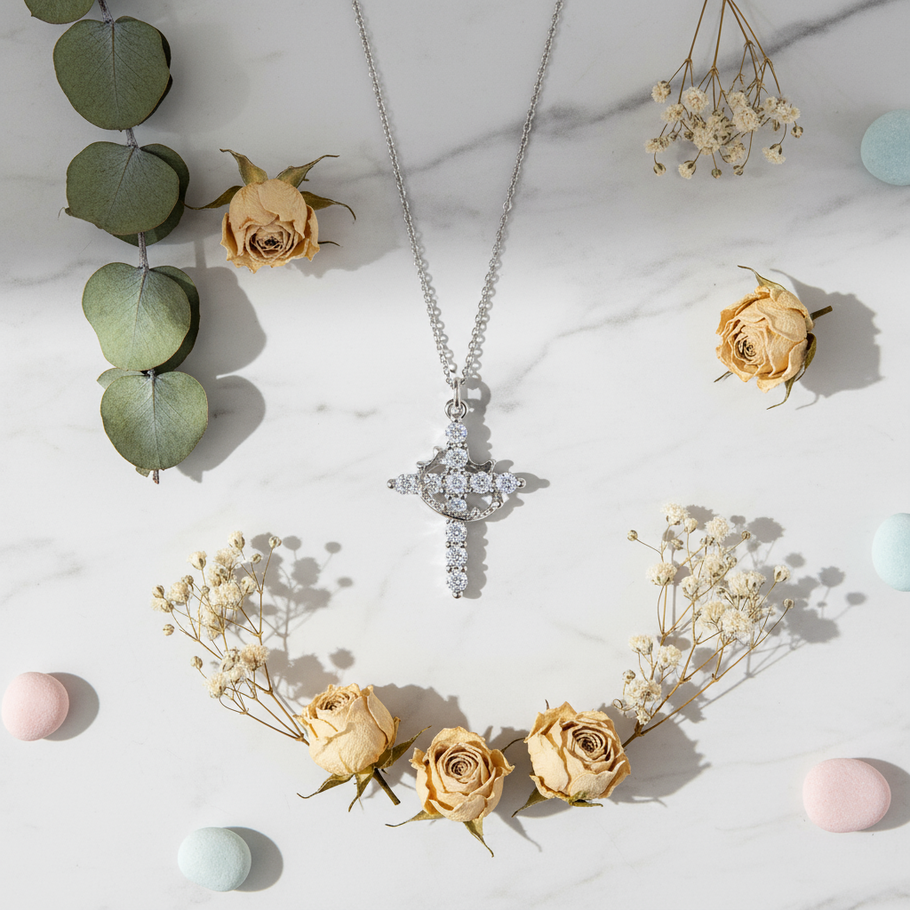 银色十字架项链 - 俯视平铺