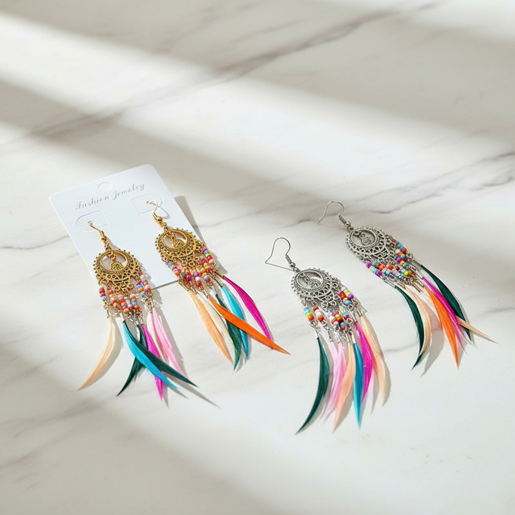 Bohemian Feather Earrings Colorful Beaded Tassel Dangle Ethnic Festival Jewelry Women