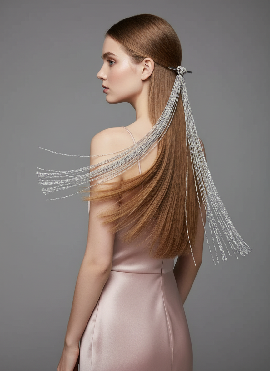 Silver Chain Tassel Hair Stick with Crystal