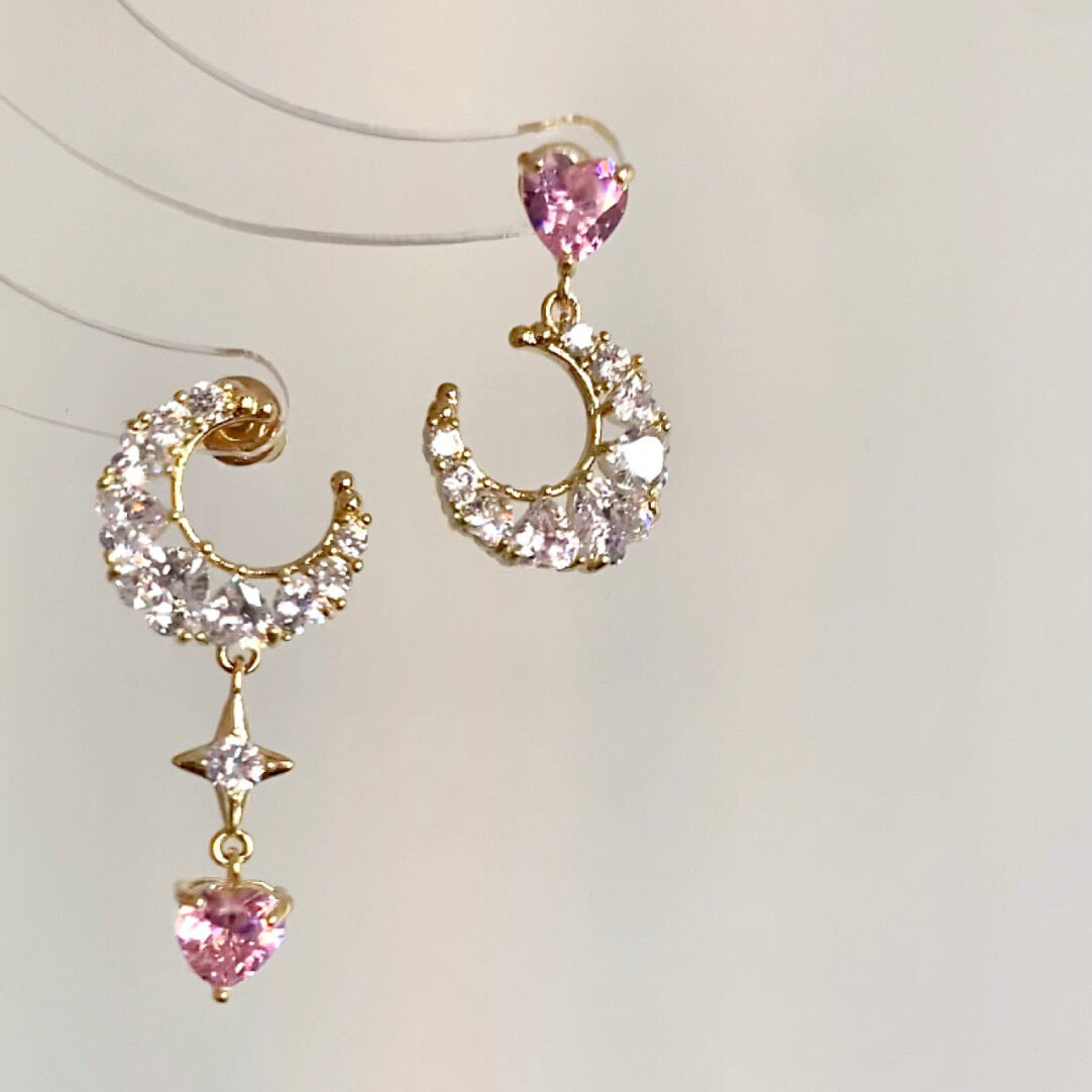 Pink Zirconia Moon Drop Earrings Silver Plated Celestial Dangle Jewelry