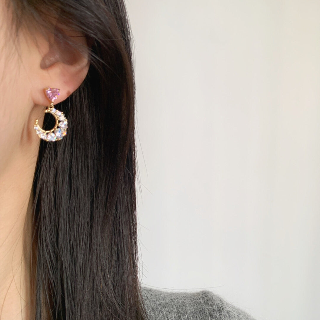 Pink Zirconia Moon Drop Earrings Silver Plated Celestial Dangle Jewelry
