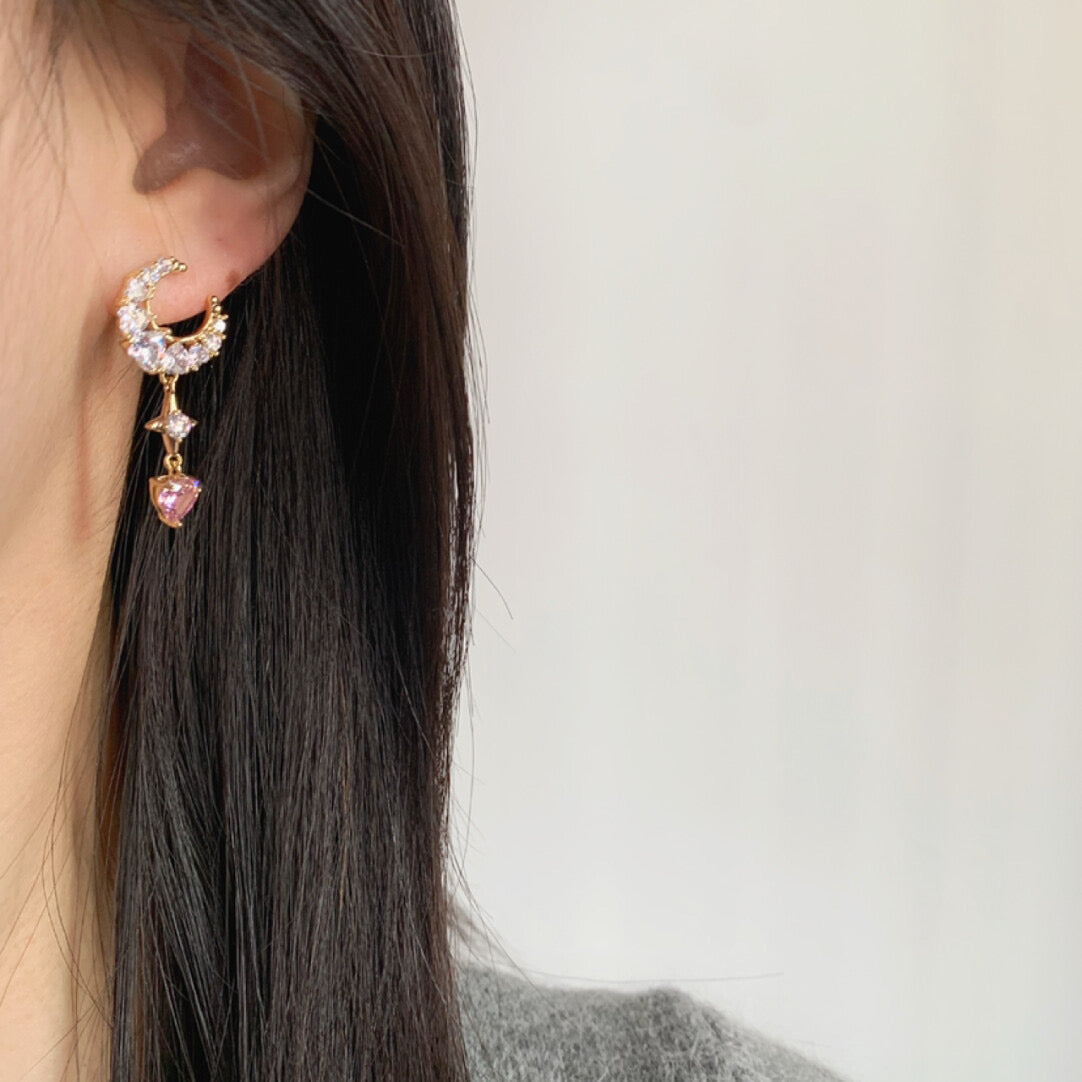 Pink Zirconia Moon Drop Earrings Silver Plated Celestial Dangle Jewelry