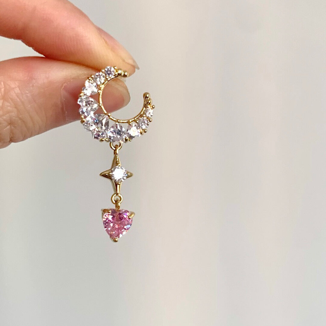 Pink Zirconia Moon Drop Earrings Silver Plated Celestial Dangle Jewelry
