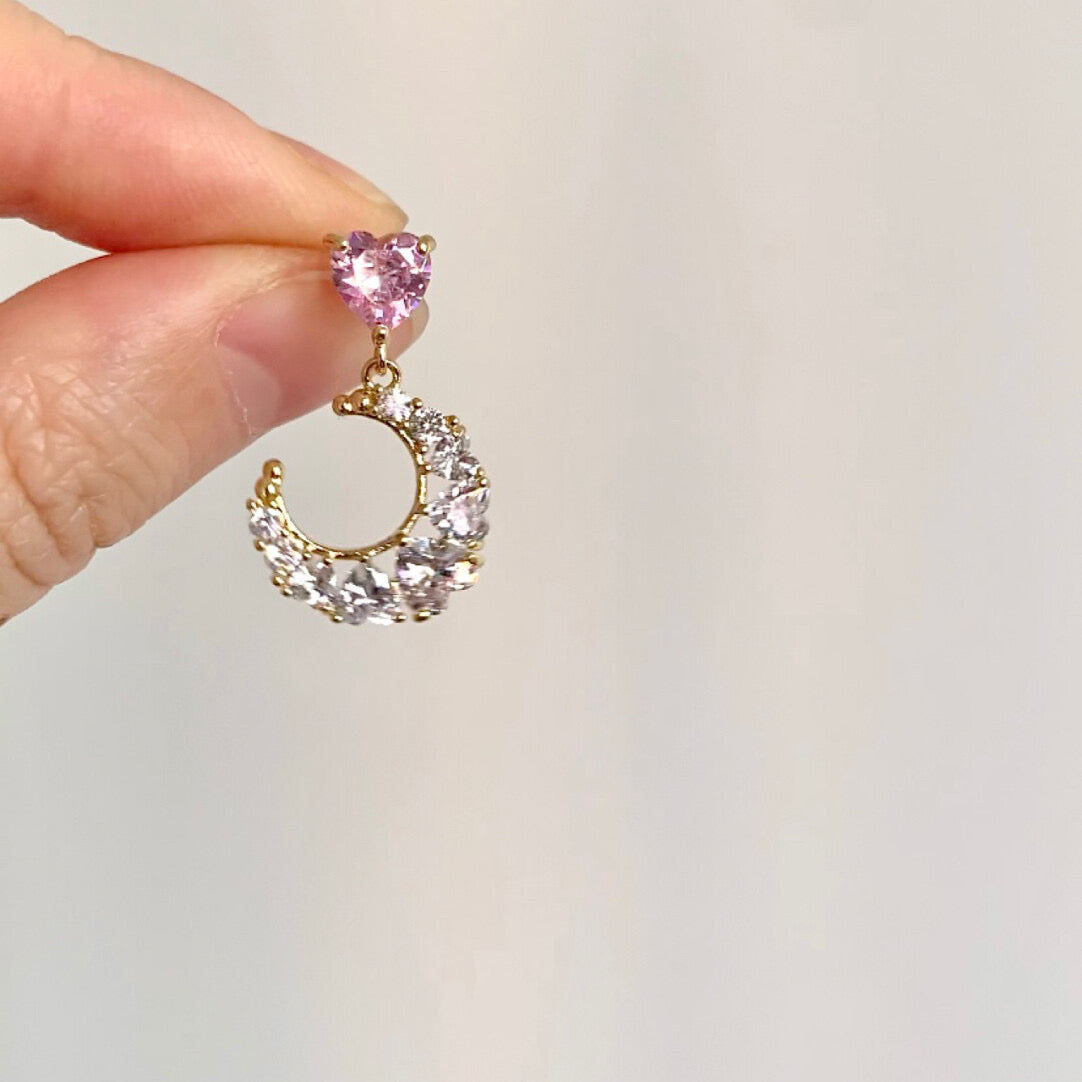Pink Zirconia Moon Drop Earrings Silver Plated Celestial Dangle Jewelry