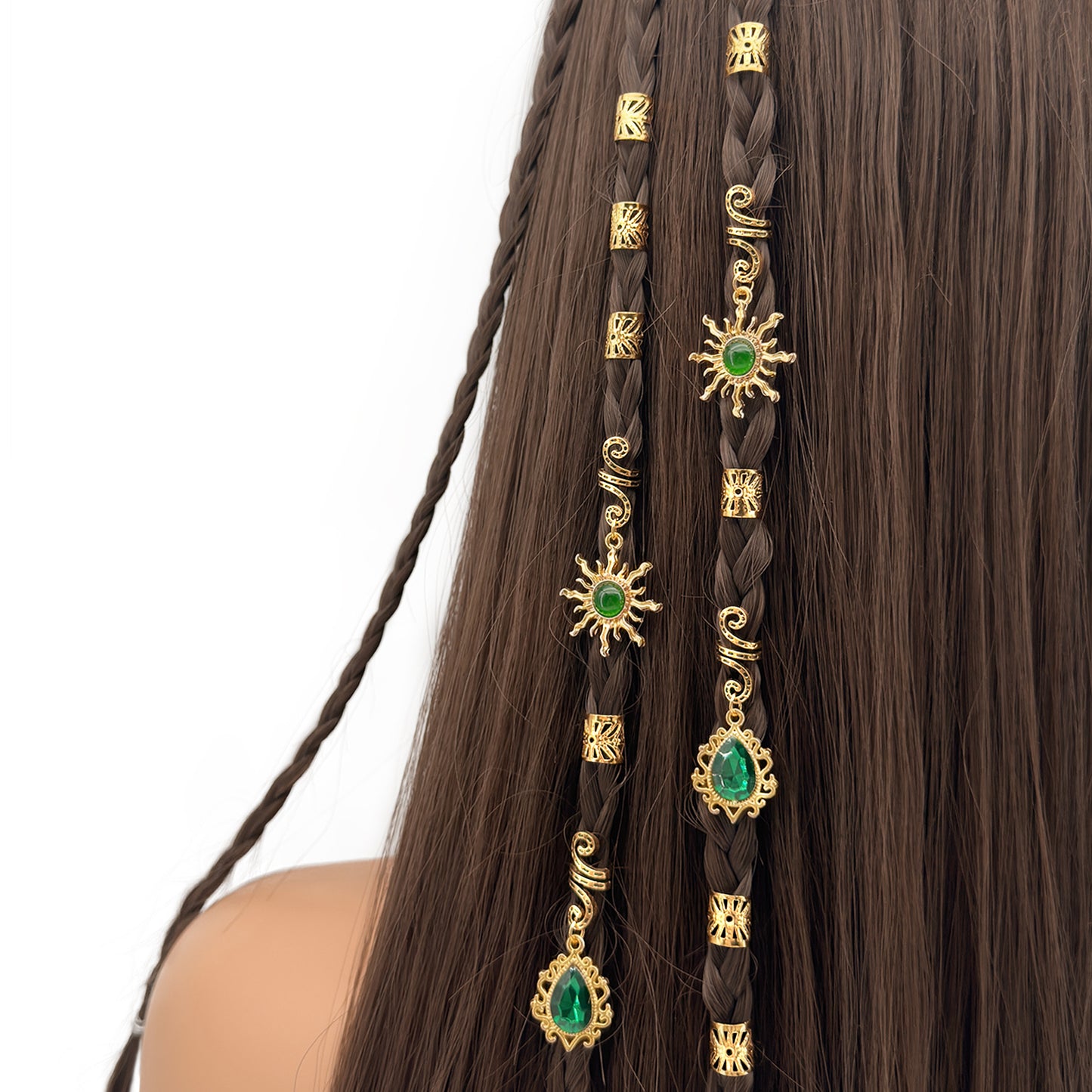 Bohemian Sun Charm Hair Jewelry with Green Gemstones - Gold Hair Accessories