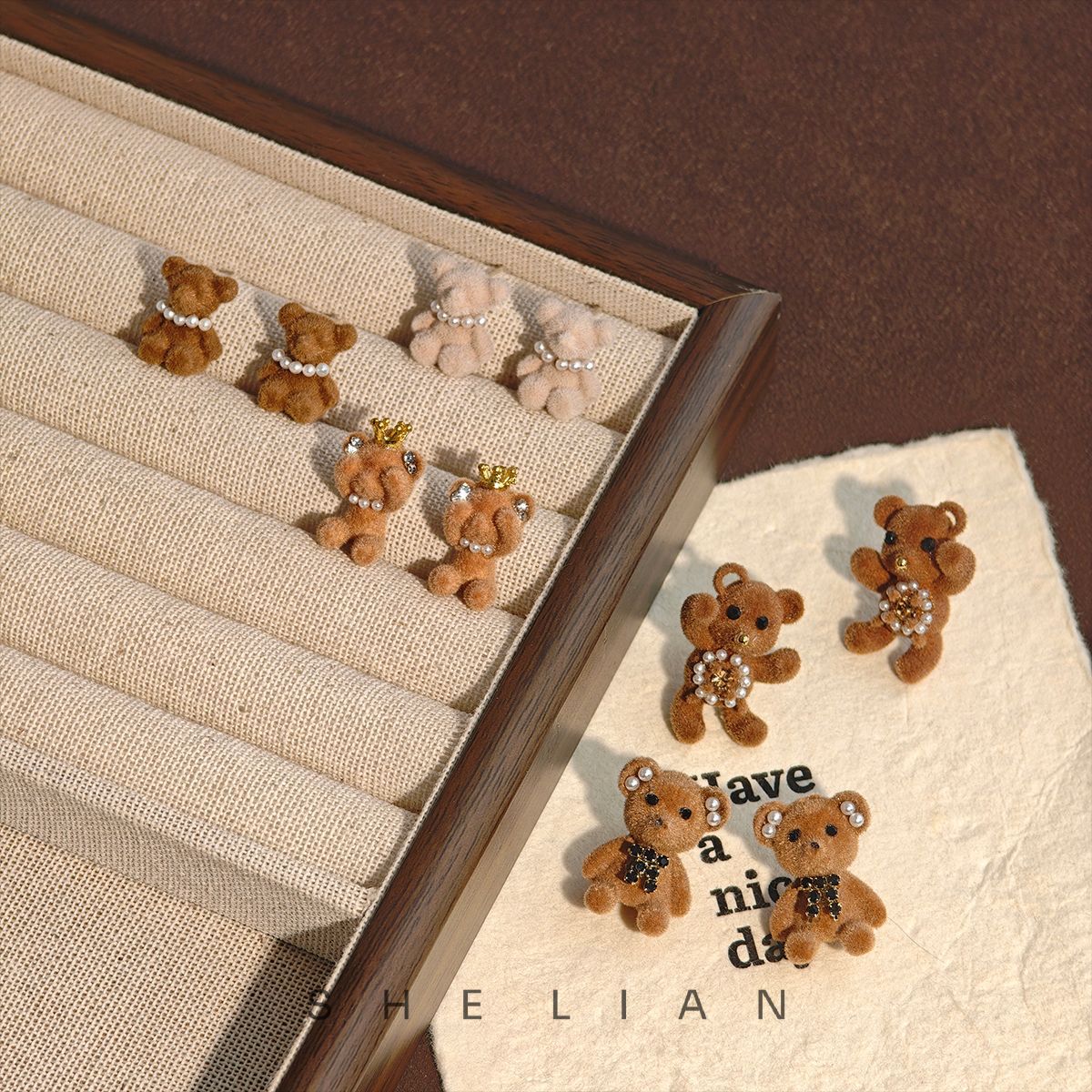 Flocked Teddy Bear Stud Earrings with Pearl Details