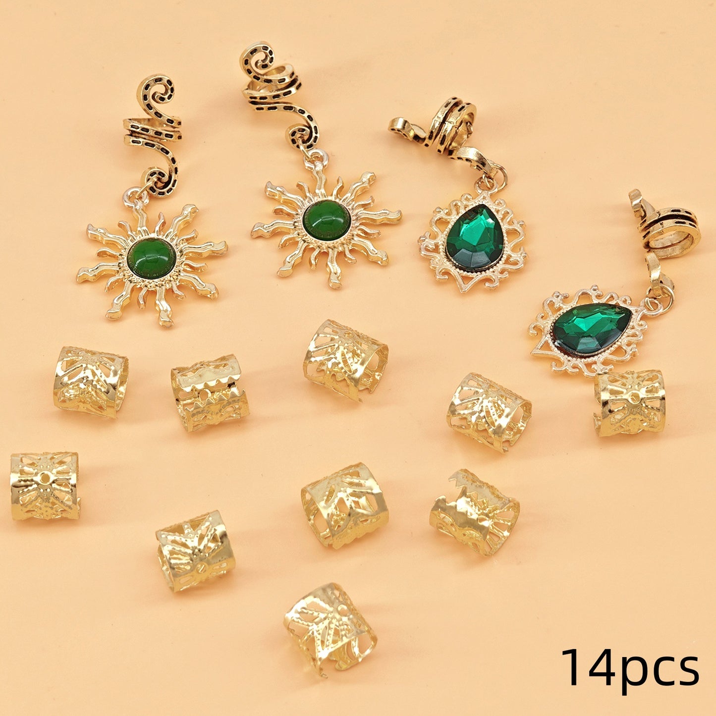 Bohemian Sun Charm Hair Jewelry with Green Gemstones - Gold Hair Accessories