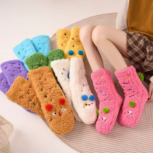 Women’s Fuzzy Plush Slipper Socks, Cute Colorful Sherpa Indoor Boots with Pom Poms, Warm Cozy Home Slippers for Winter, Gift for Girls & Teens