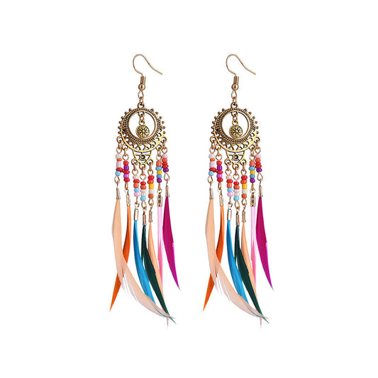 Bohemian Feather Earrings Colorful Beaded Tassel Dangle Ethnic Festival Jewelry Women