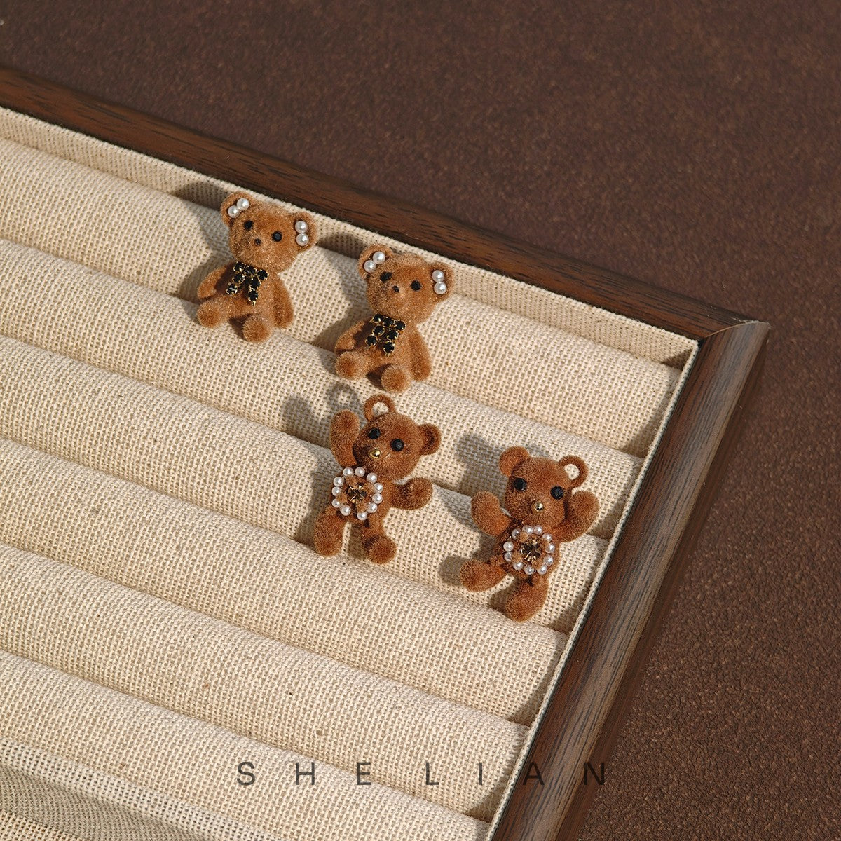 Flocked Teddy Bear Stud Earrings with Pearl Details