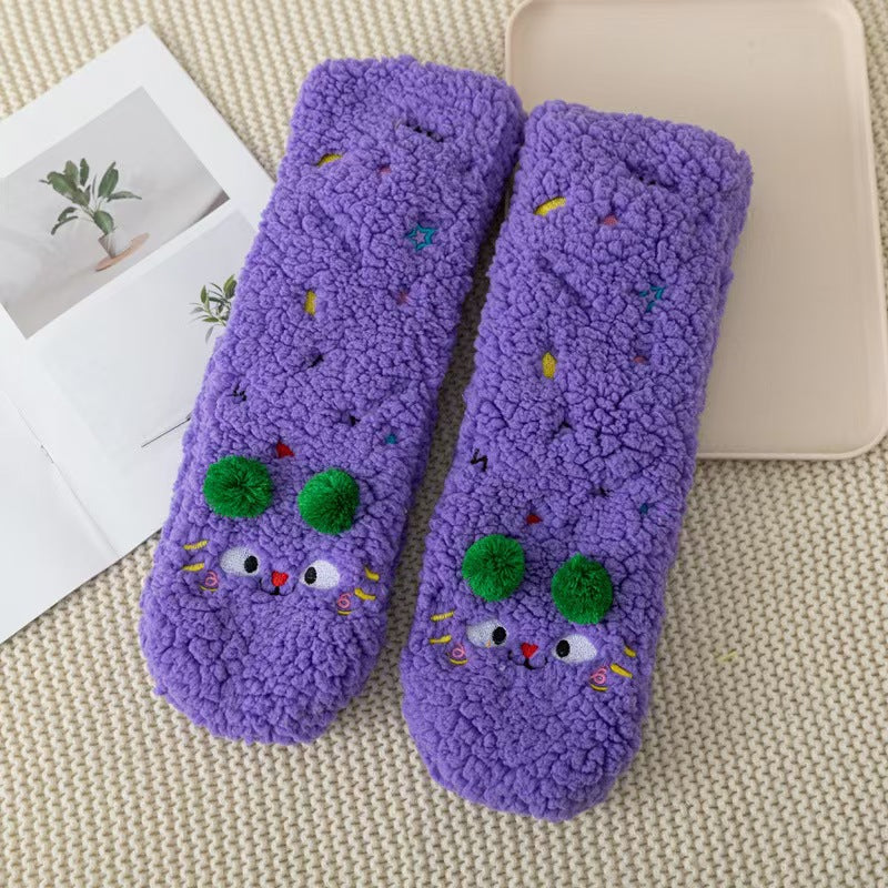 Women’s Fuzzy Plush Slipper Socks, Cute Colorful Sherpa Indoor Boots with Pom Poms, Warm Cozy Home Slippers for Winter, Gift for Girls & Teens