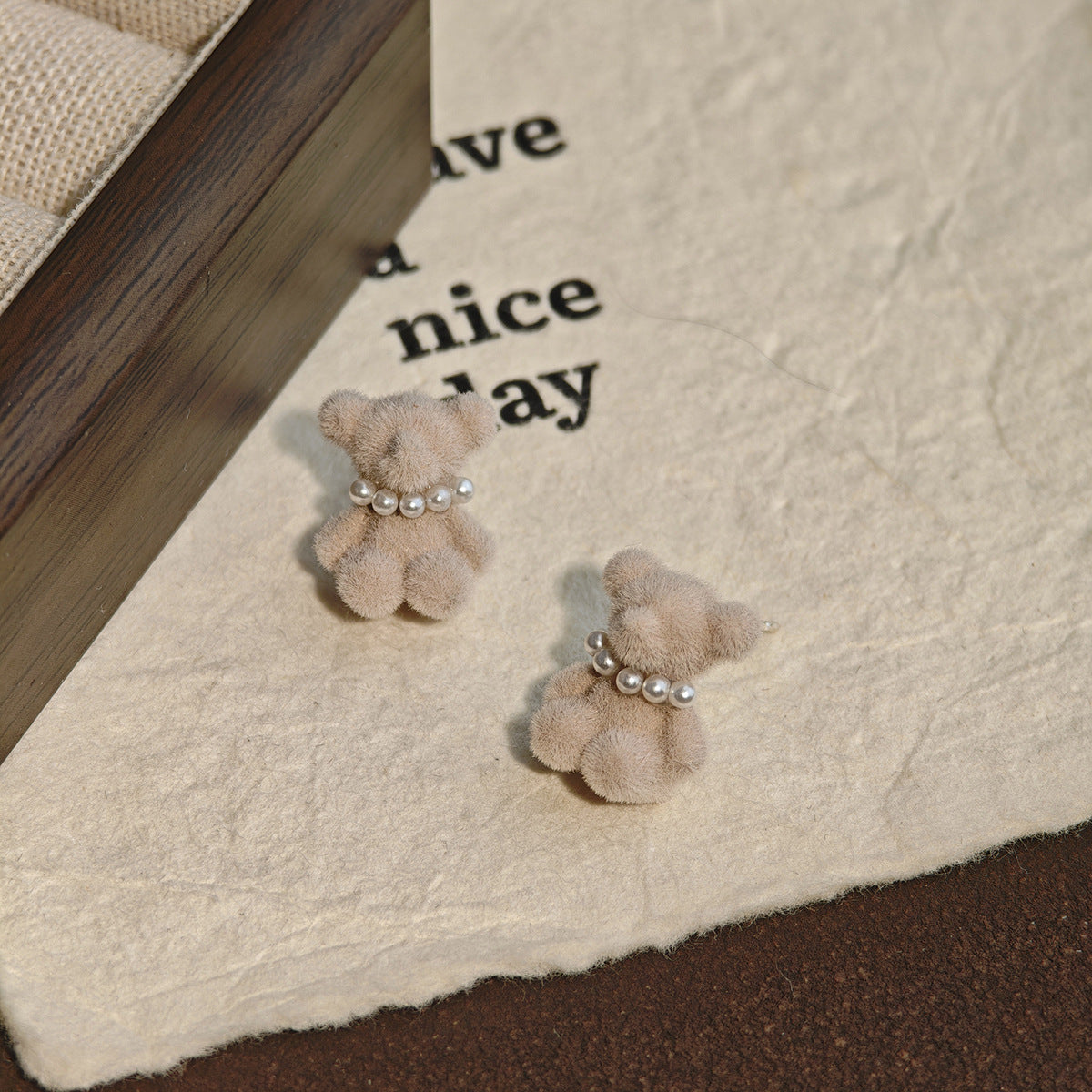 Flocked Teddy Bear Stud Earrings with Pearl Details