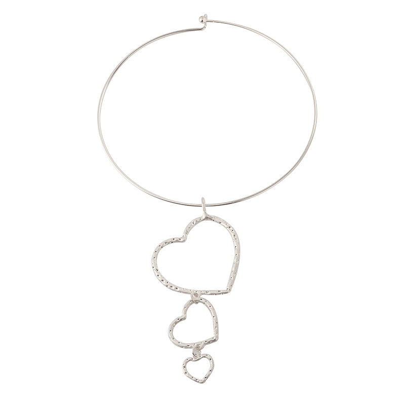 Silver Hoop Necklace with Cascading Heart Charms