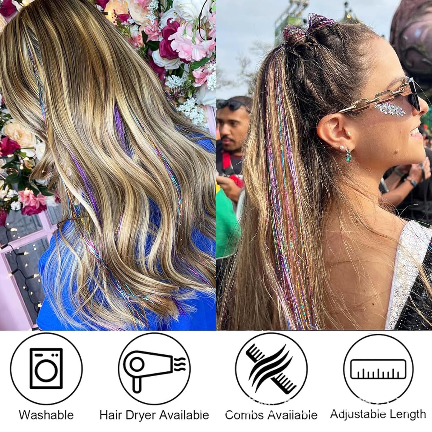 Holographic Glitter Hair Tinsel - Multiple Colors Available (12-Pack)
