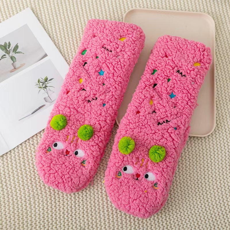 Women’s Fuzzy Plush Slipper Socks, Cute Colorful Sherpa Indoor Boots with Pom Poms, Warm Cozy Home Slippers for Winter, Gift for Girls & Teens