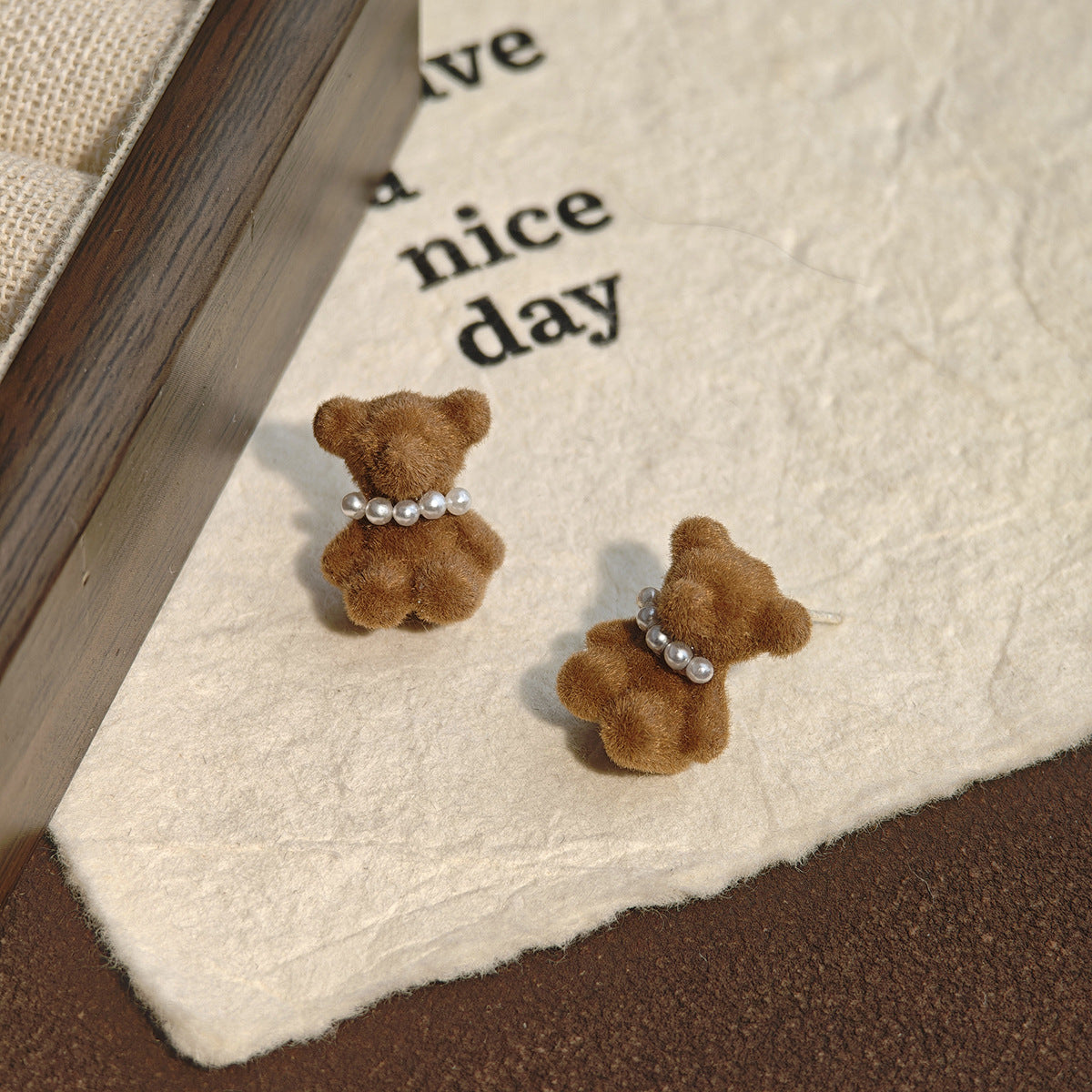 Flocked Teddy Bear Stud Earrings with Pearl Details