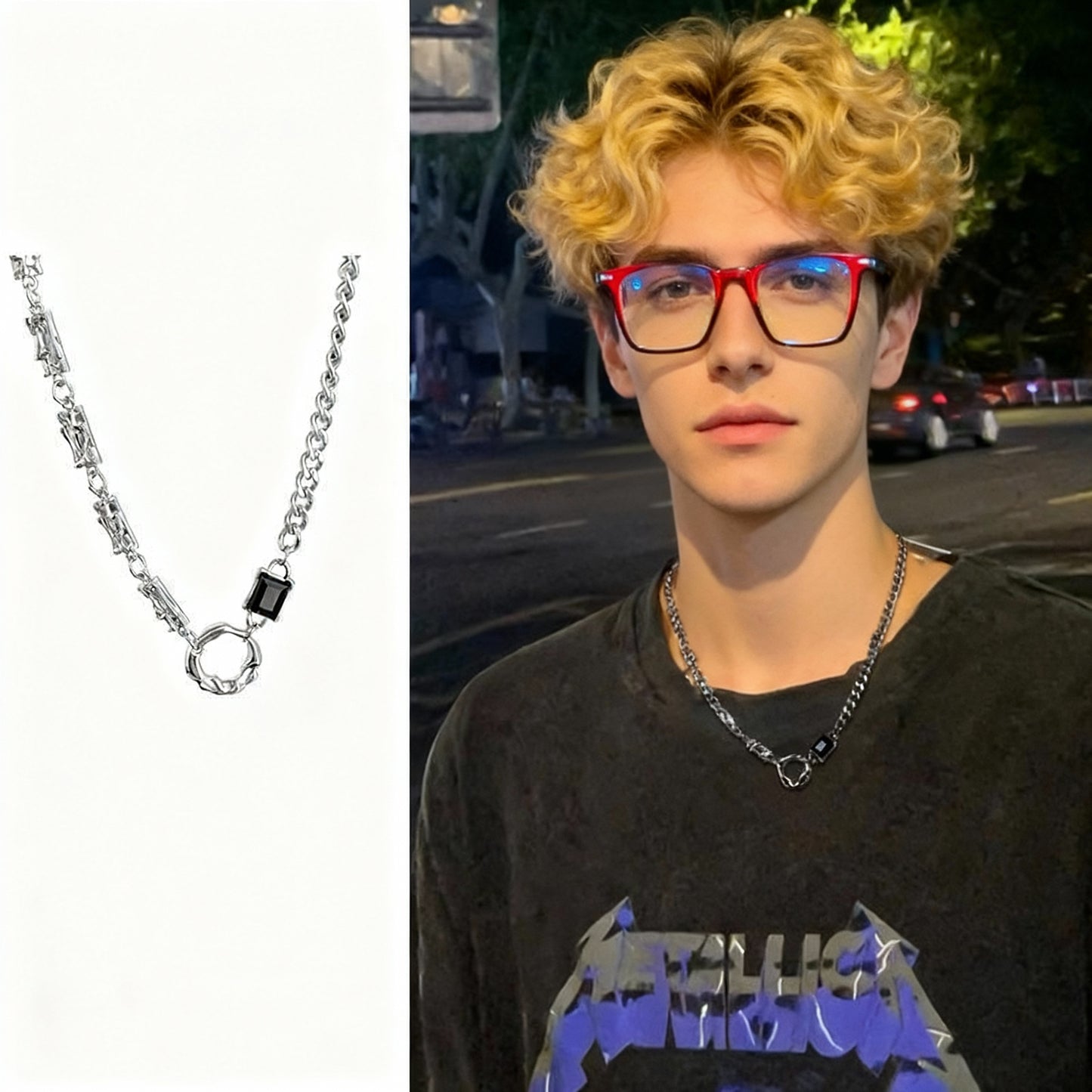 Men’s Silver Chain Necklace with Black Cube Pendant – Minimalist Stainless Steel Jewelry for Street Style & Everyday Wear
