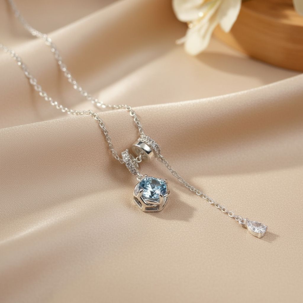 Ocean Blue Rose Cut Zirconia Necklace - Silver Plated Pendant Necklace
