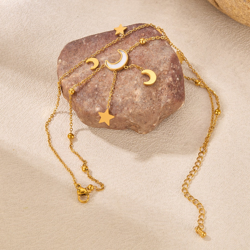 Celestial Moon and Star Double Chain Anklet - 14K Gold Plated