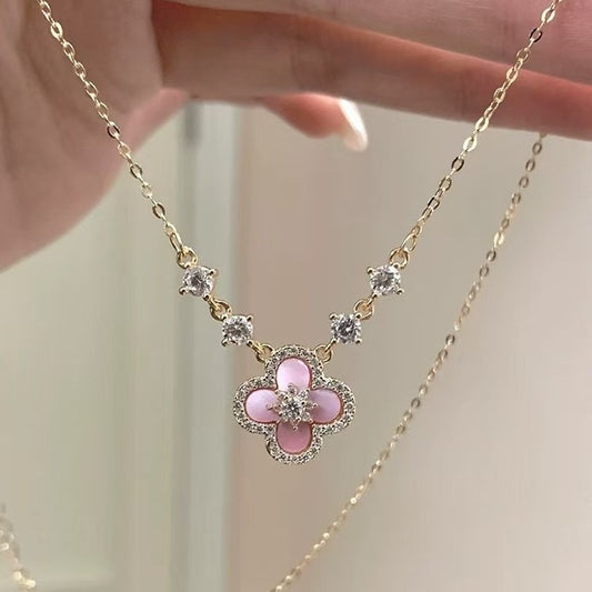 Pink Clover Necklace for Women, Mother of Pearl Four Leaf Clover Pendant, Gold Plated Lucky Charm Jewelry Gift