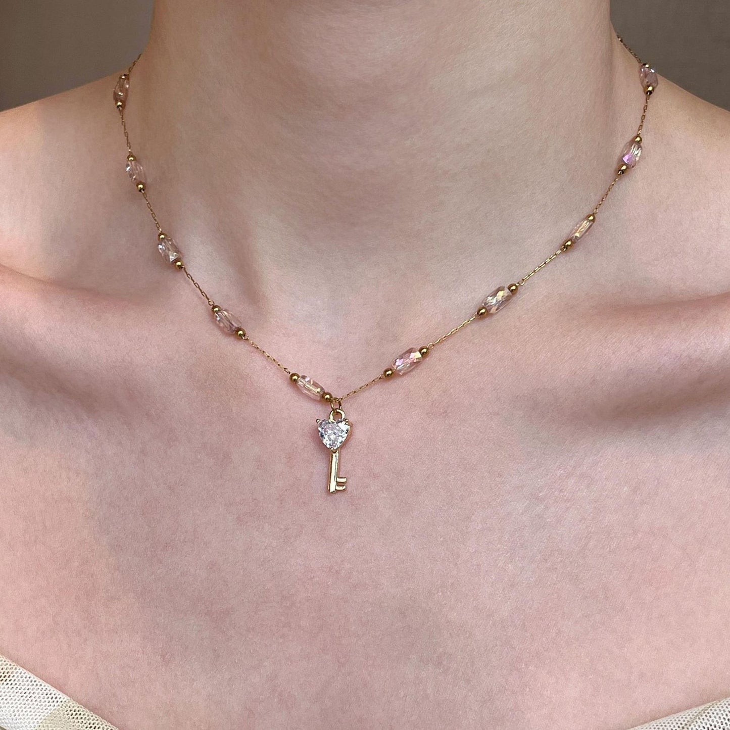 Gold Plated Layered Necklace Set - Pink Strawberry & Crystal Key Charms - 2 Piece Stackable or Separate Wear