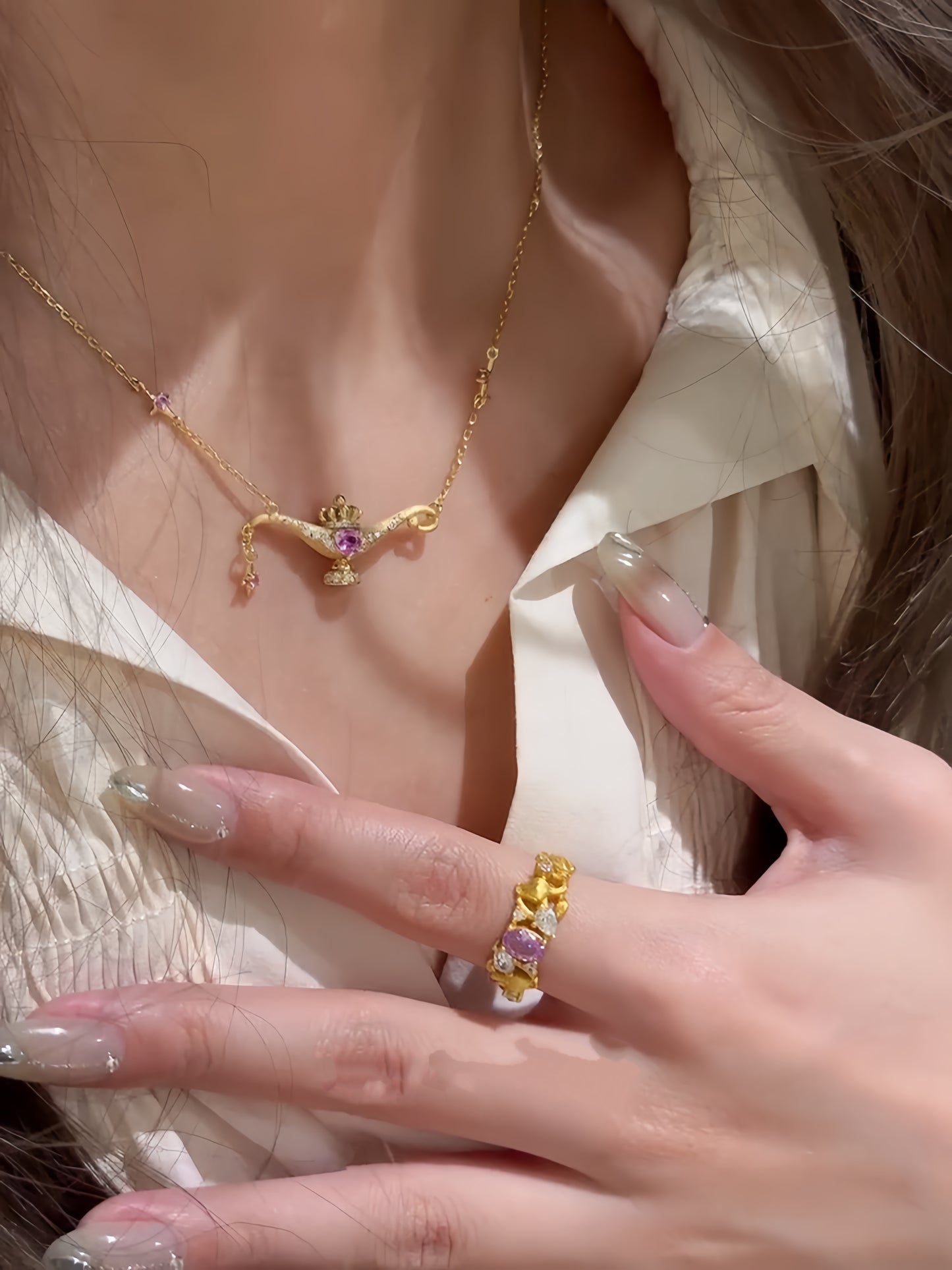 Aladdin Genie Lamp Necklace - Gold Plated Zirconia Pendant