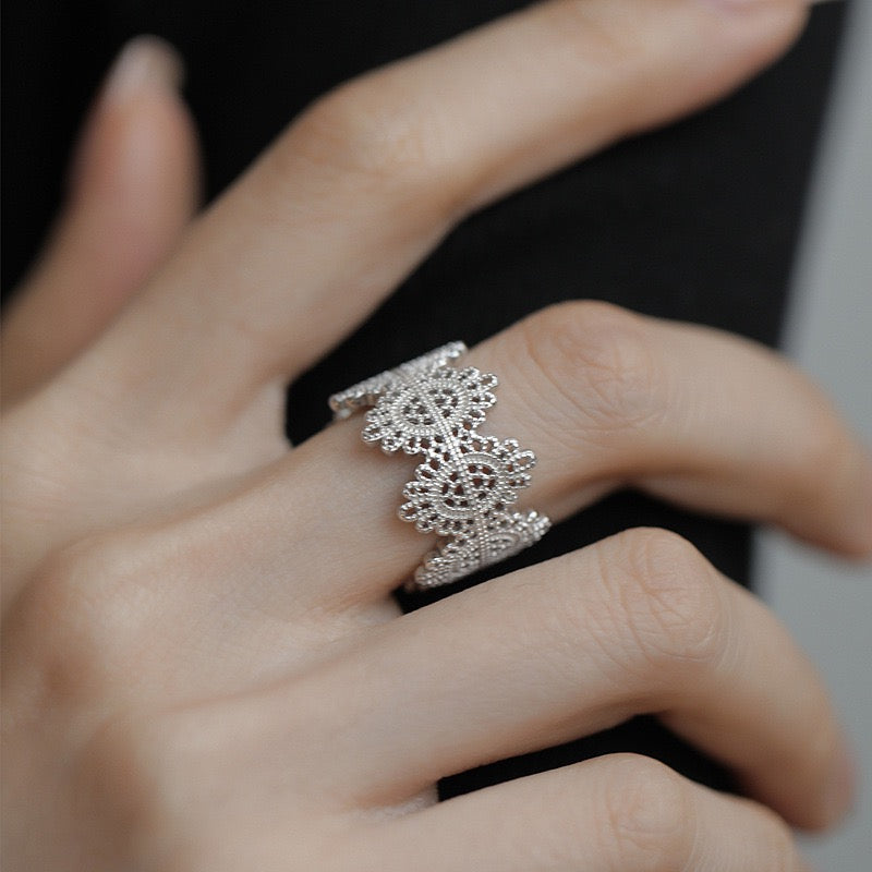 French Lace Ring Women Silver Plated Adjustable Open Ring Vintage Hollow